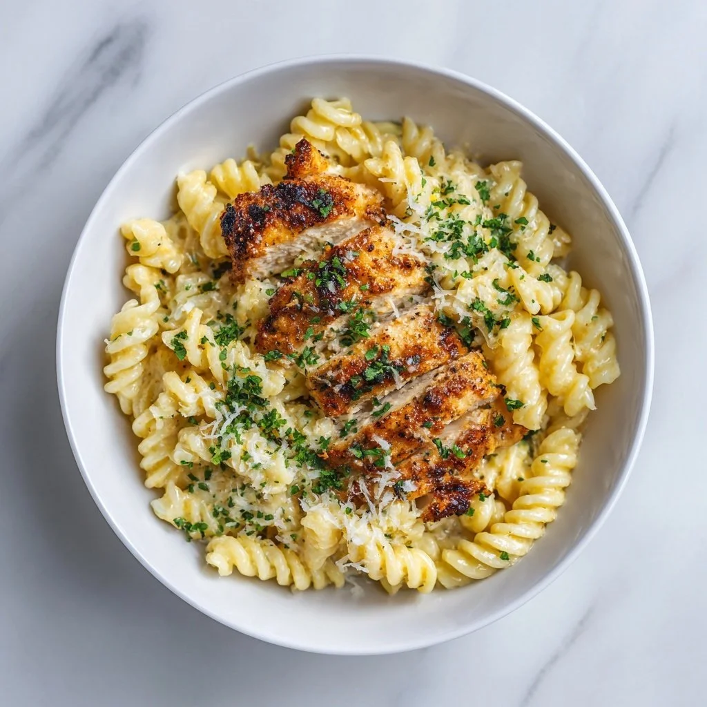 Delicious 30-minute cheesy rotini topped with garlic parmesan chicken.