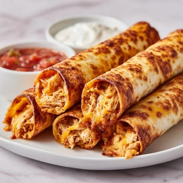 Delicious Air Fryer Chicken Taquitos served with dipping sauce