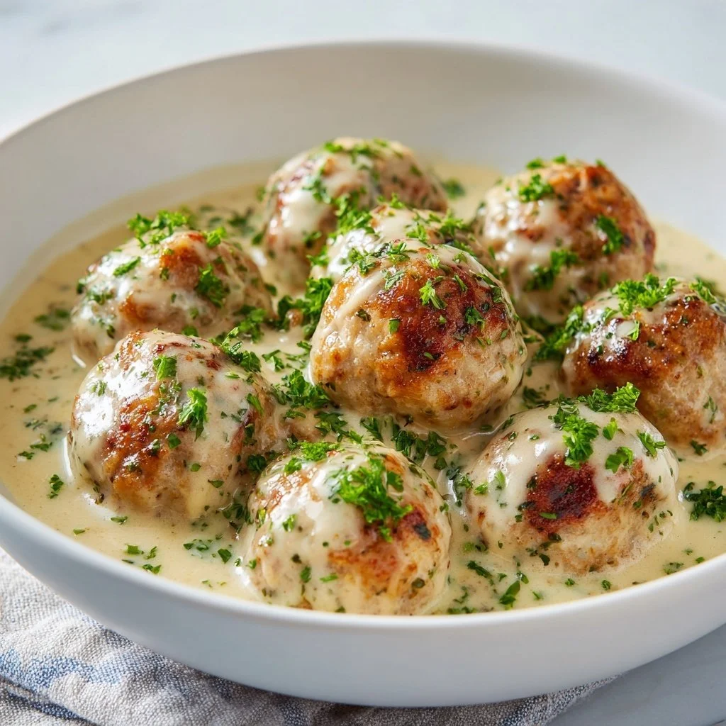 Creamy Alfredo Meatballs served with pasta and garnished with parsley.