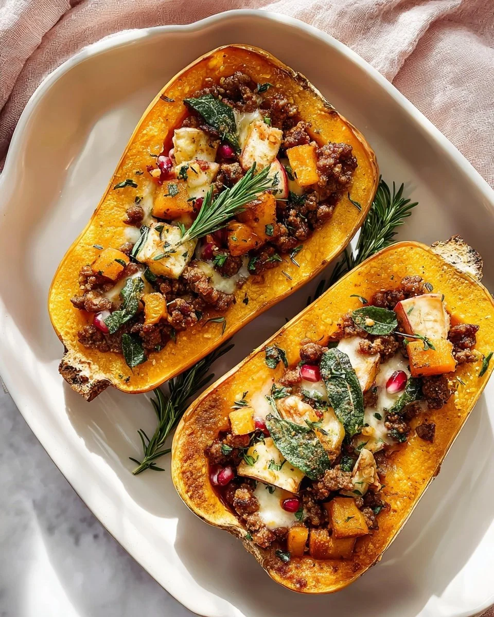 Apple sausage stuffed butternut squash served on a wooden table