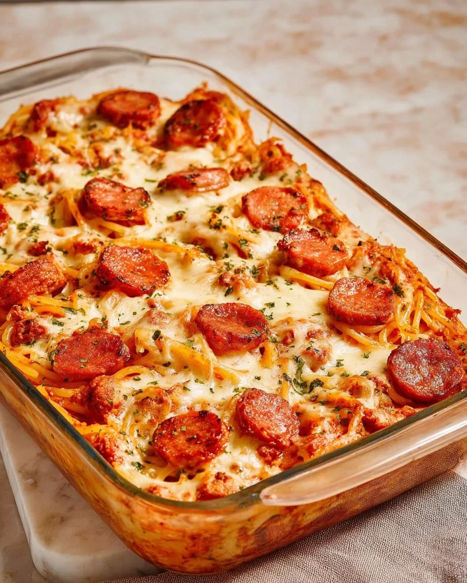 Baked spaghetti dish featuring sausage and pepperoni, garnished with cheese and herbs.