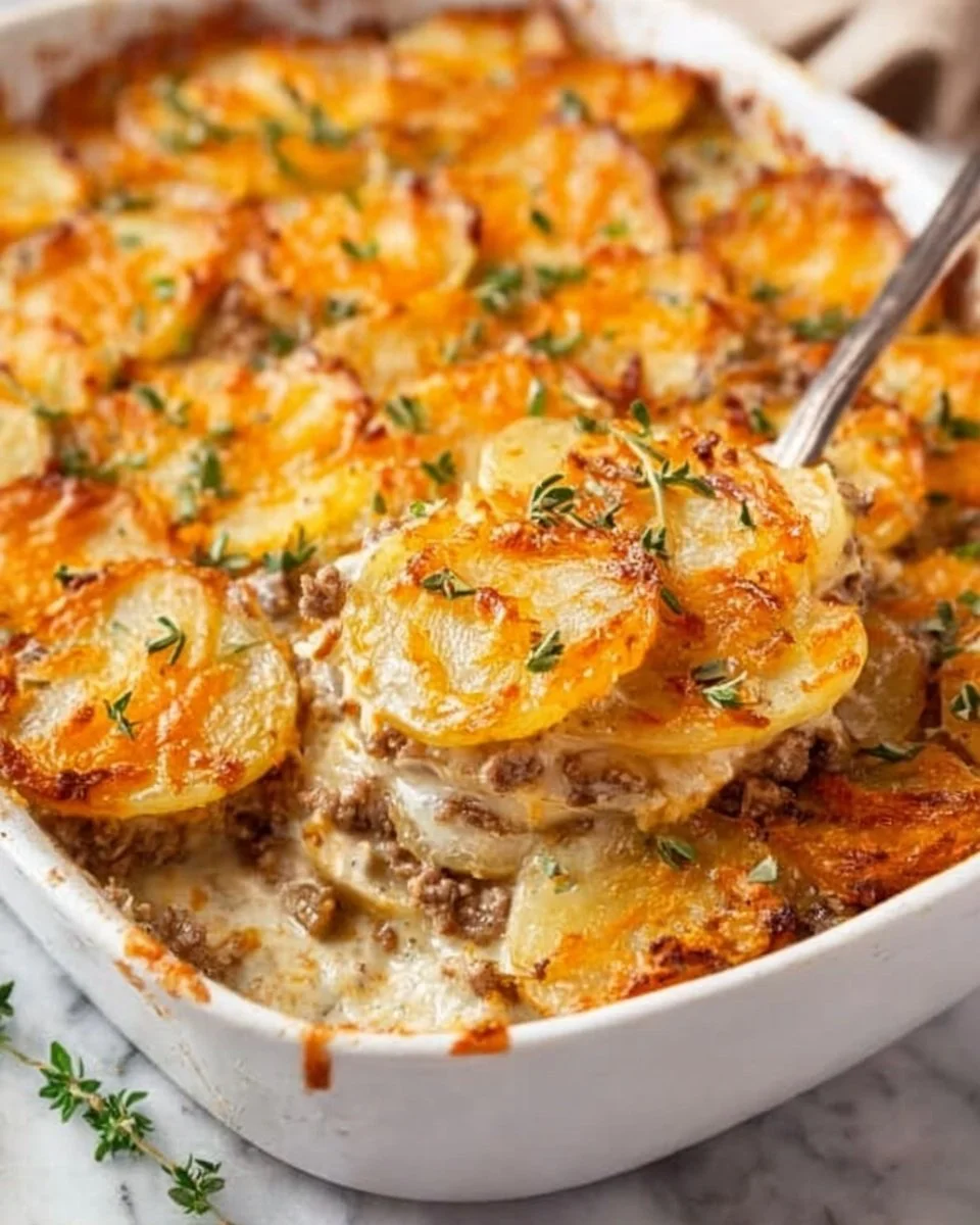 A delicious beef and potato casserole served in a baking dish.