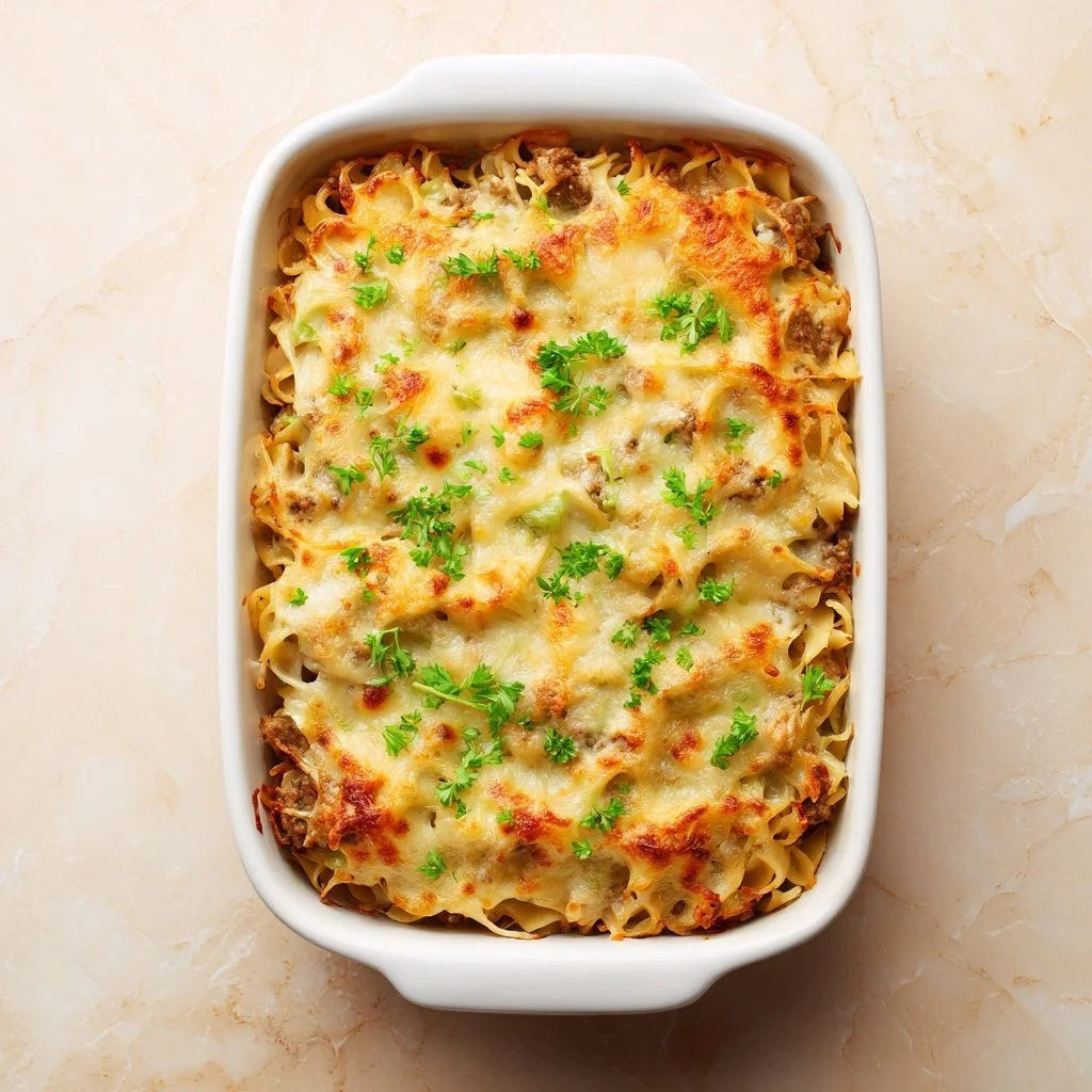 Delicious beef noodle casserole served in a ceramic dish, garnished with herbs.