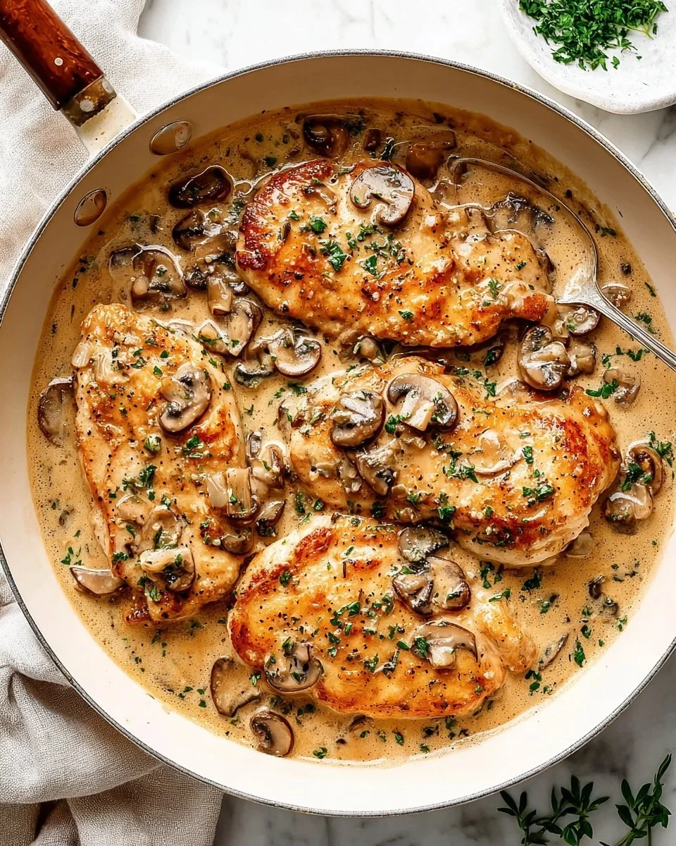 Delicious Chicken Marsala served with sautéed mushrooms and aromatic herbs