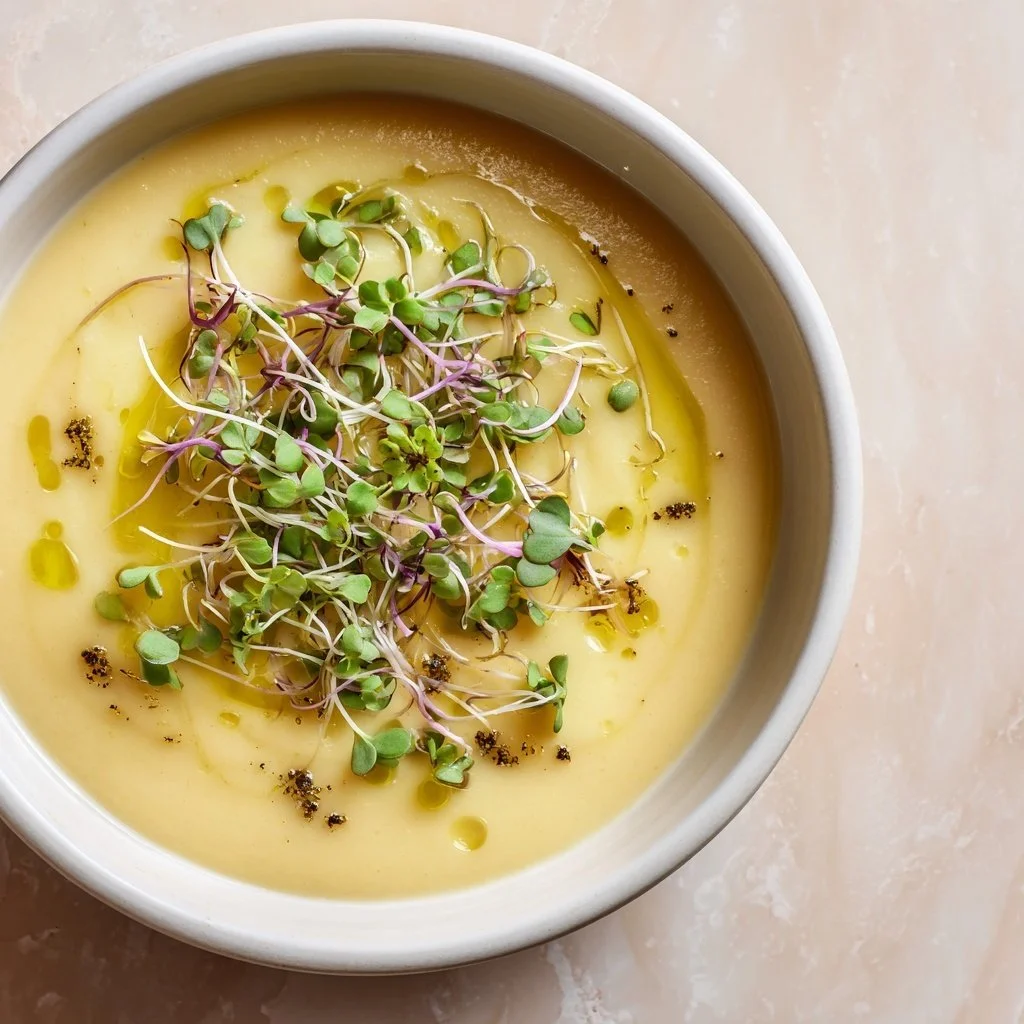 Bowl of creamy potato leek soup garnished with fresh herbs