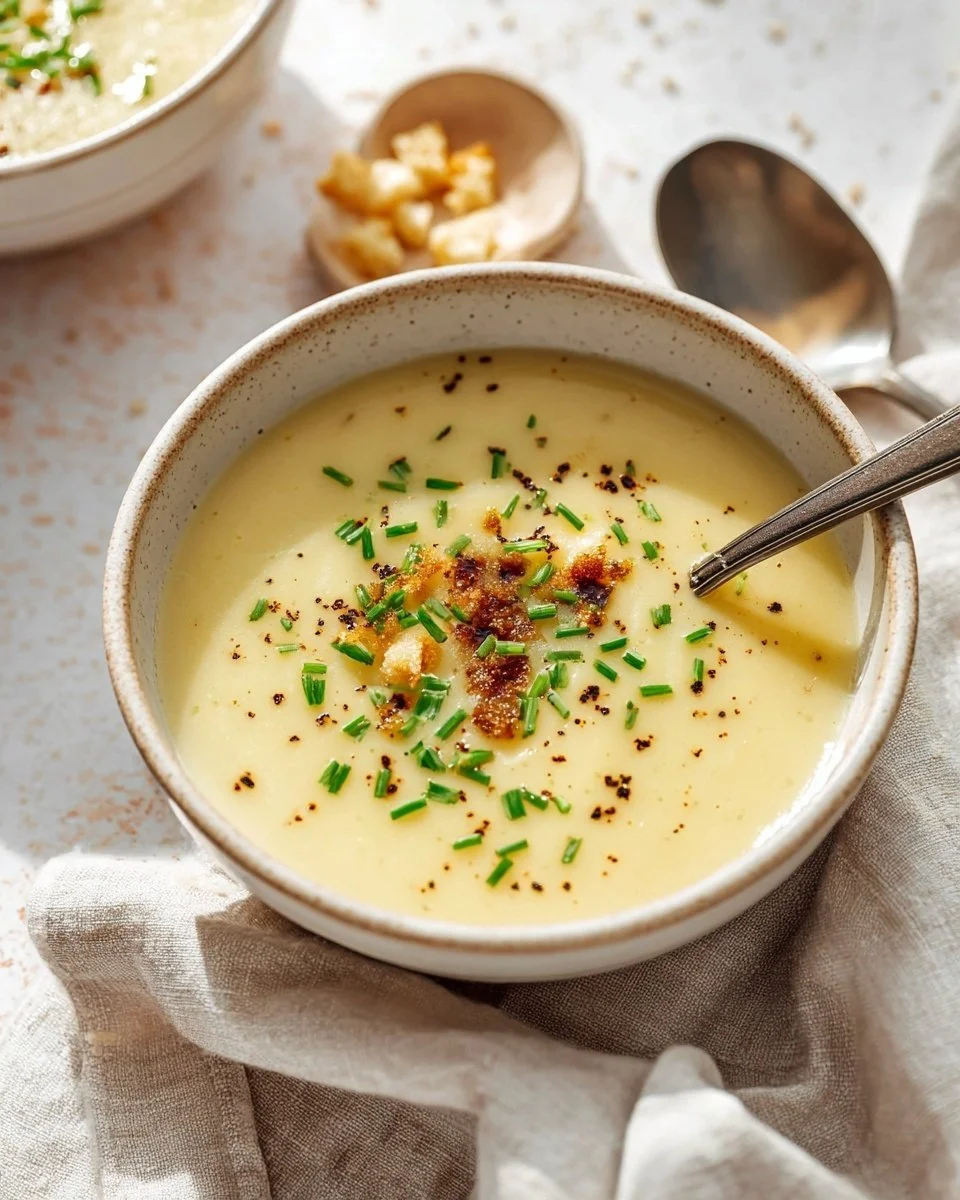 Bowl of creamy potato leek soup garnished with fresh herbs