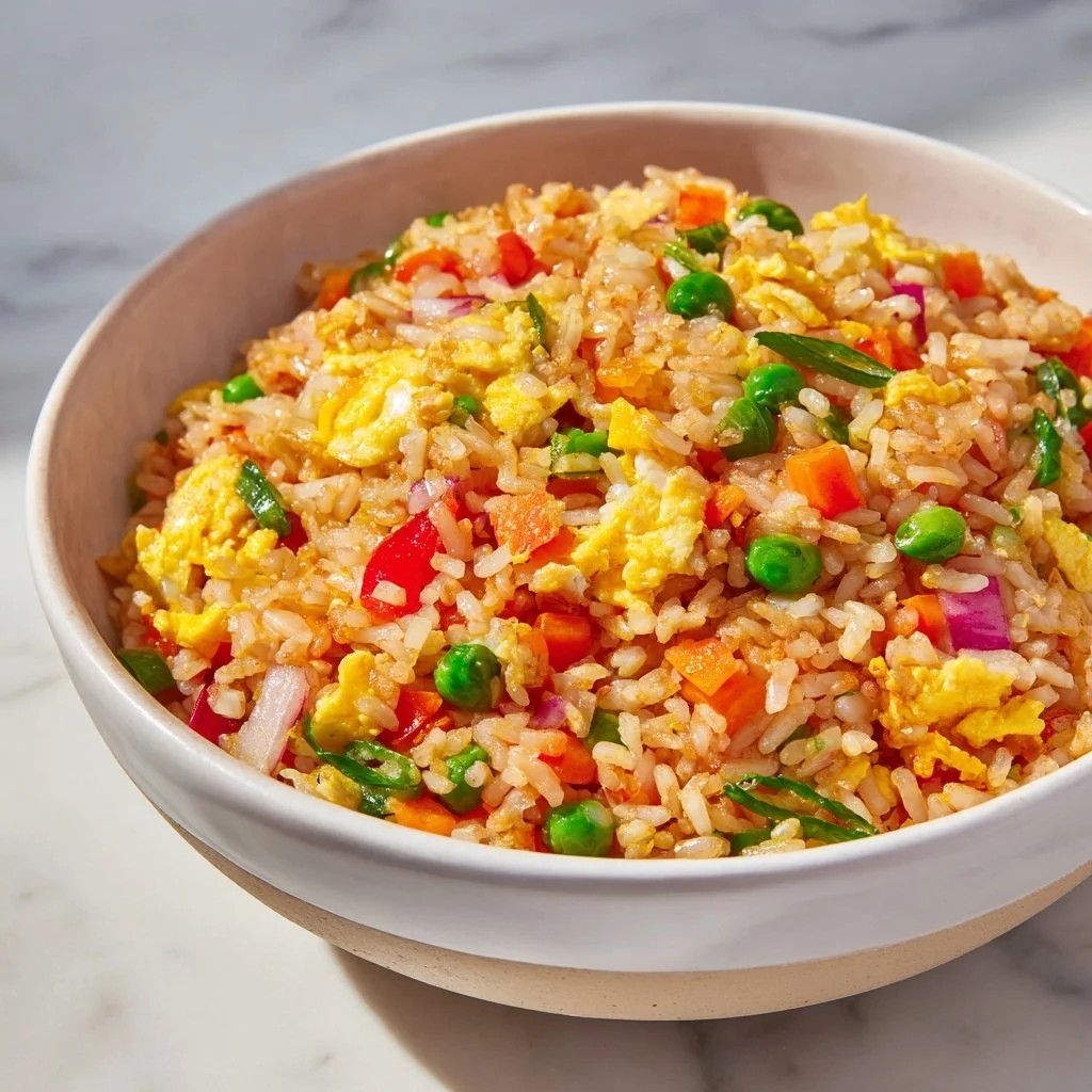 Delicious homemade fried rice served in a bowl with vegetables and chicken