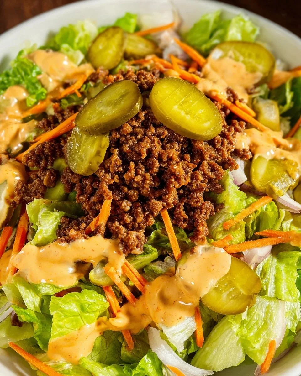 Big Mac Salad with lettuce, cheese, and special sauce on a plate