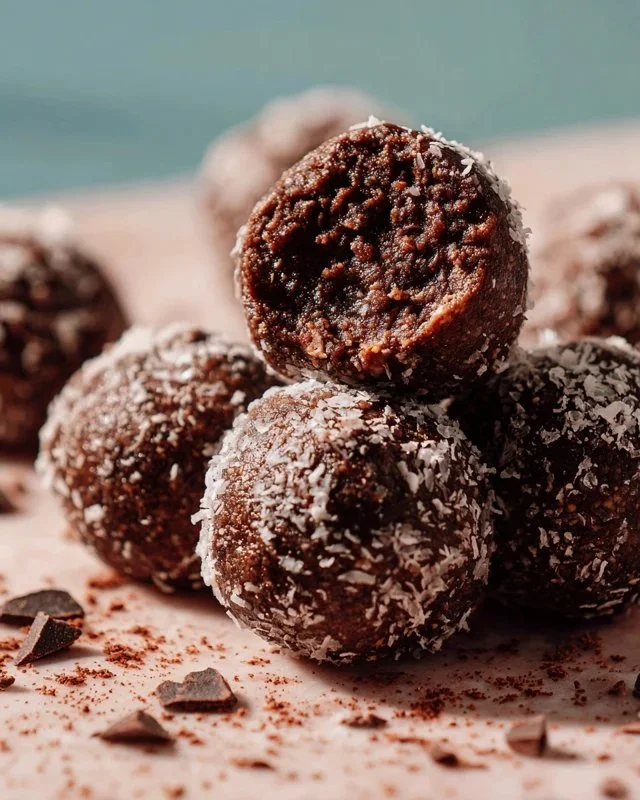 Homemade Brownie Protein Balls on a plate, healthy and delicious snack.