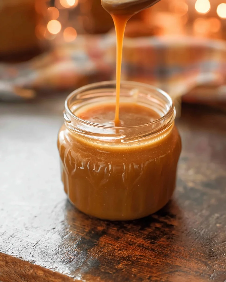 Homemade butterscotch sauce in a glass jar, ready to drizzle over desserts.