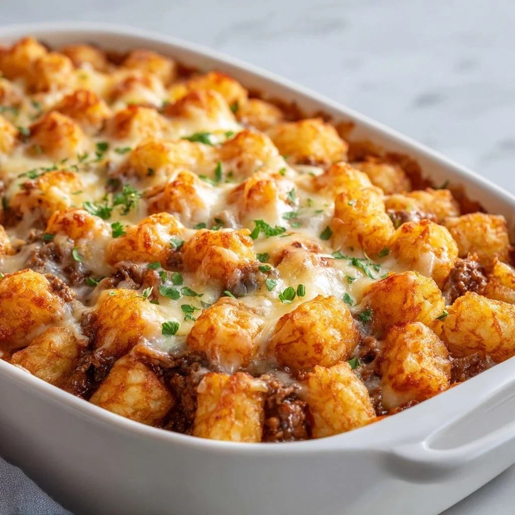 Delicious cheesy roast beef tater tot casserole served in a baking dish