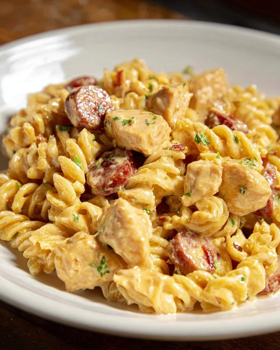 Chicken and Sausage Alfredo topped with parsley, served in a bowl.