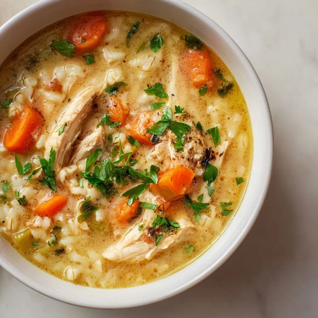 Bowl of Chicken Barley Soup with fresh herbs and vegetables