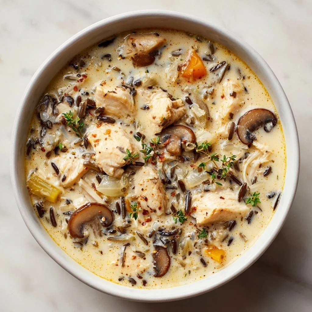 Bowl of Chicken, Wild Rice & Mushroom Soup garnished with fresh herbs