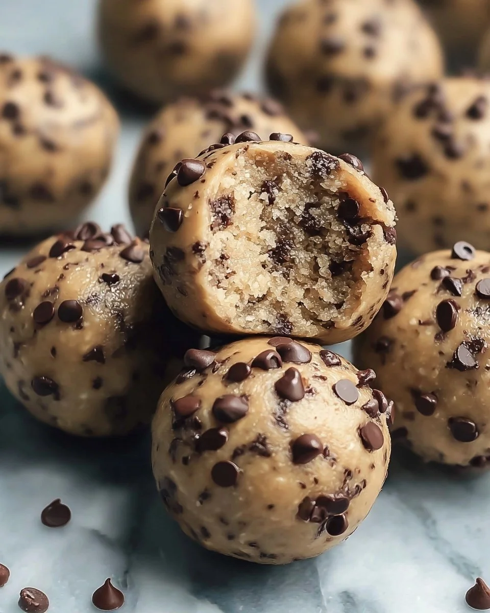 Delicious Chocolate Chip Cookie Dough Protein Balls on a plate