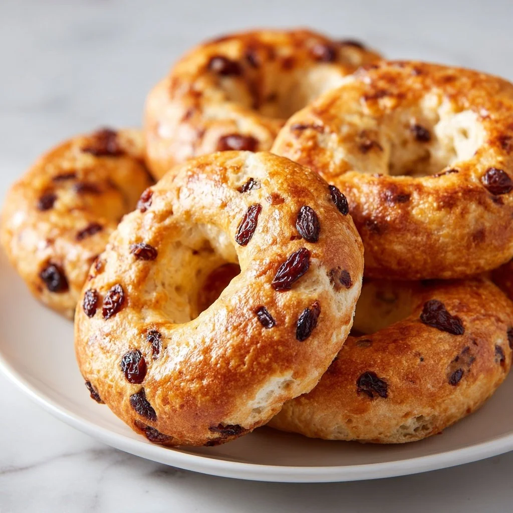 Freshly baked Cinnamon Raisin Bagels made with yogurt
