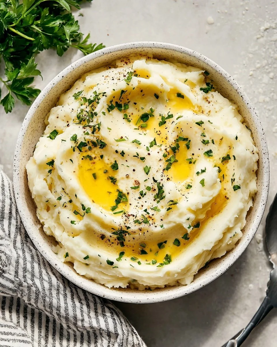 Bowl of classic mashed potatoes topped with butter and herbs