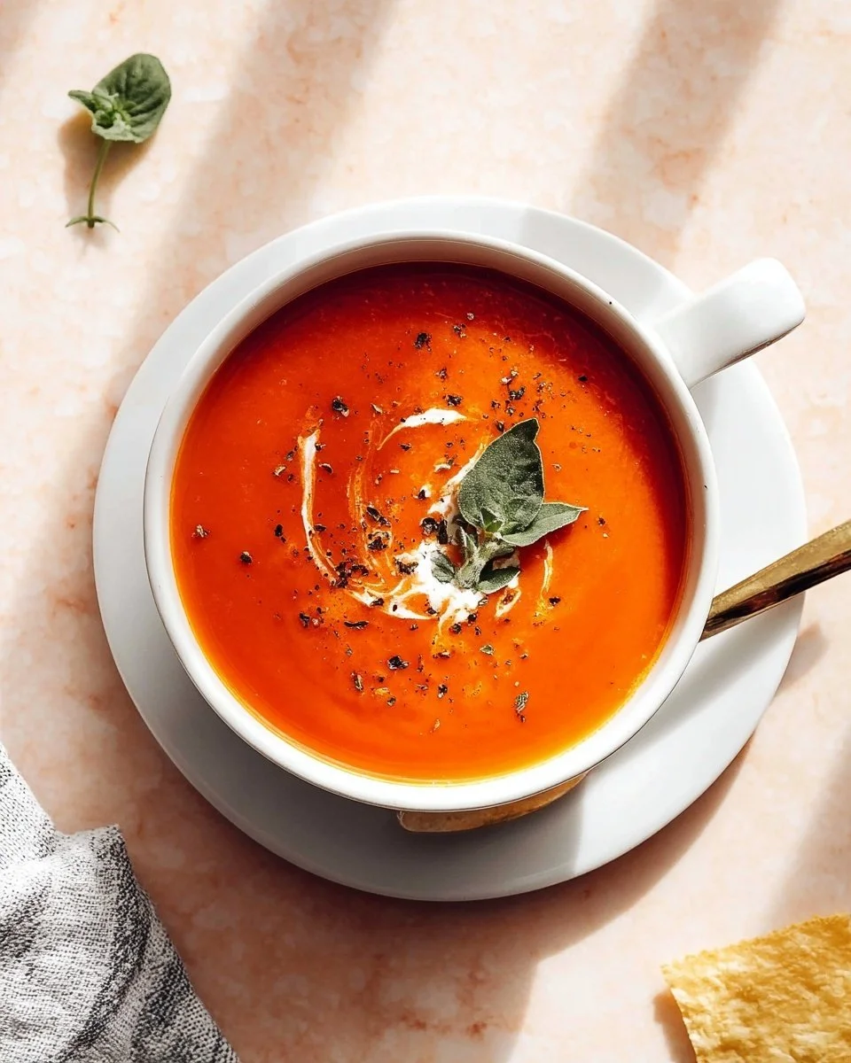 Bowl of classic tomato soup garnished with fresh herbs and a slice of bread