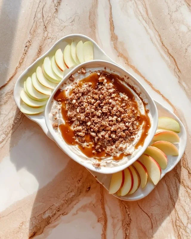 Cottage cheese caramel apple dip served with fresh apple slices