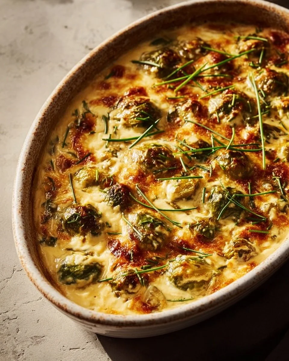 Bowl of creamy brussels sprouts topped with herbs and spices