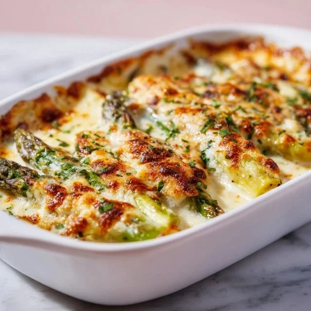 Creamy asparagus gratin topped with melted cheese and breadcrumbs