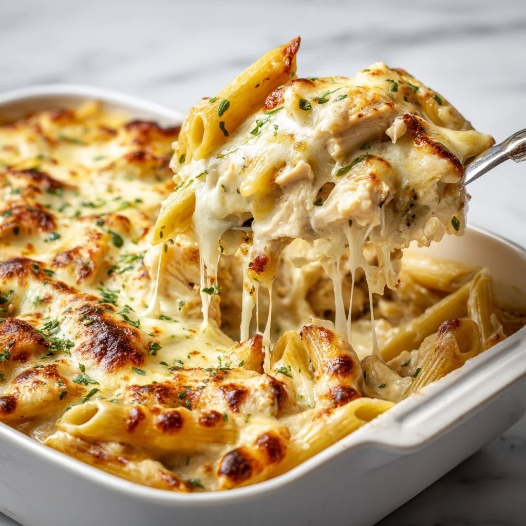 Delicious creamy Chicken Alfredo Pasta Bake served in a dish