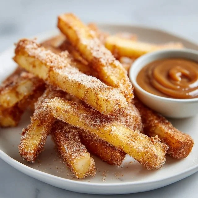Crispy air fryer apple fries served in a bowl with cinnamon sugar