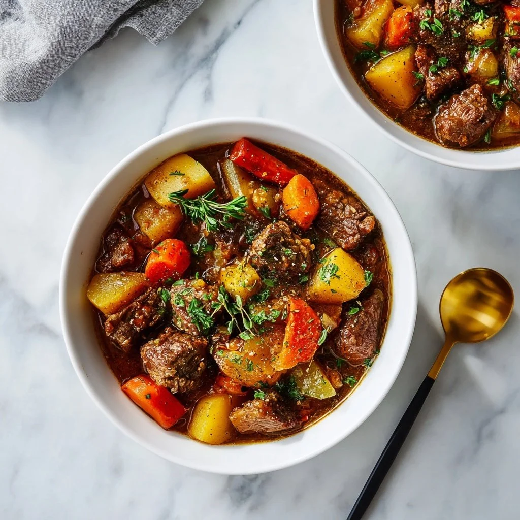 Crockpot beef stew with vegetables in a bowl garnished with herbs