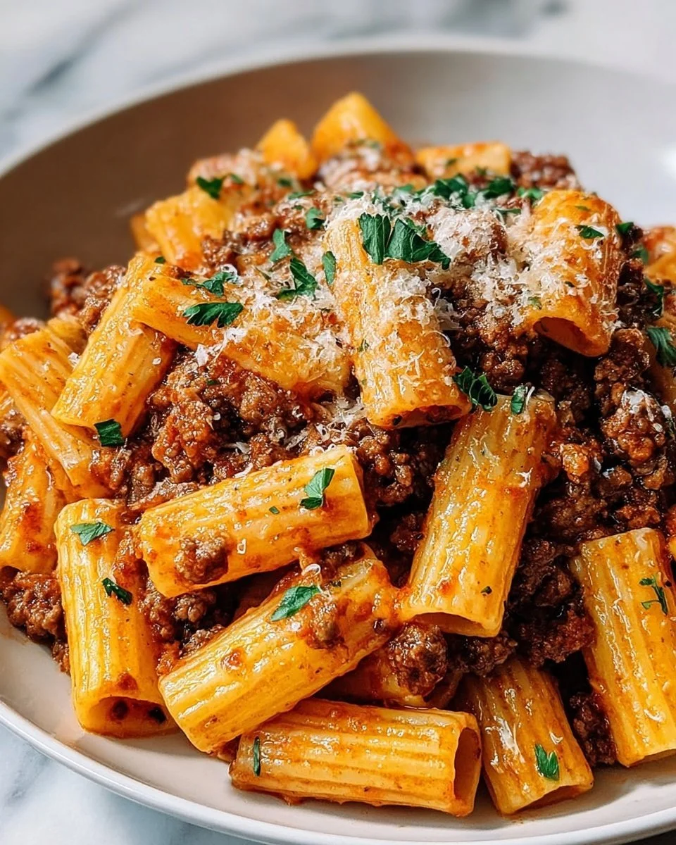 Cheesy beef rigatoni with Italian sausage in a creamy sauce