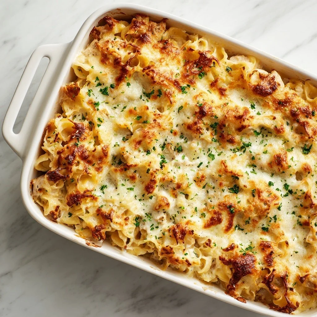 Delicious Dump and Bake Chicken Alfredo served with garlic bread and salad