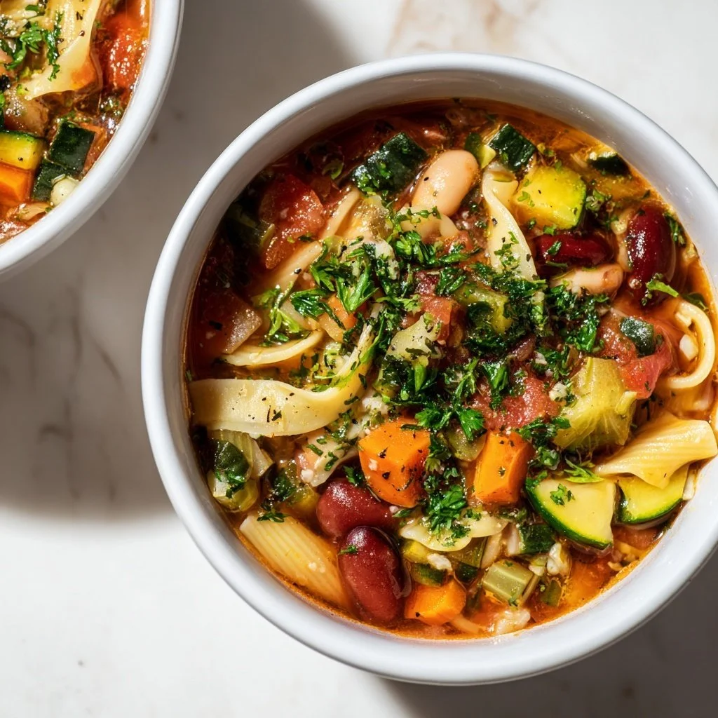 Bowl of easy minestrone soup filled with vegetables and beans