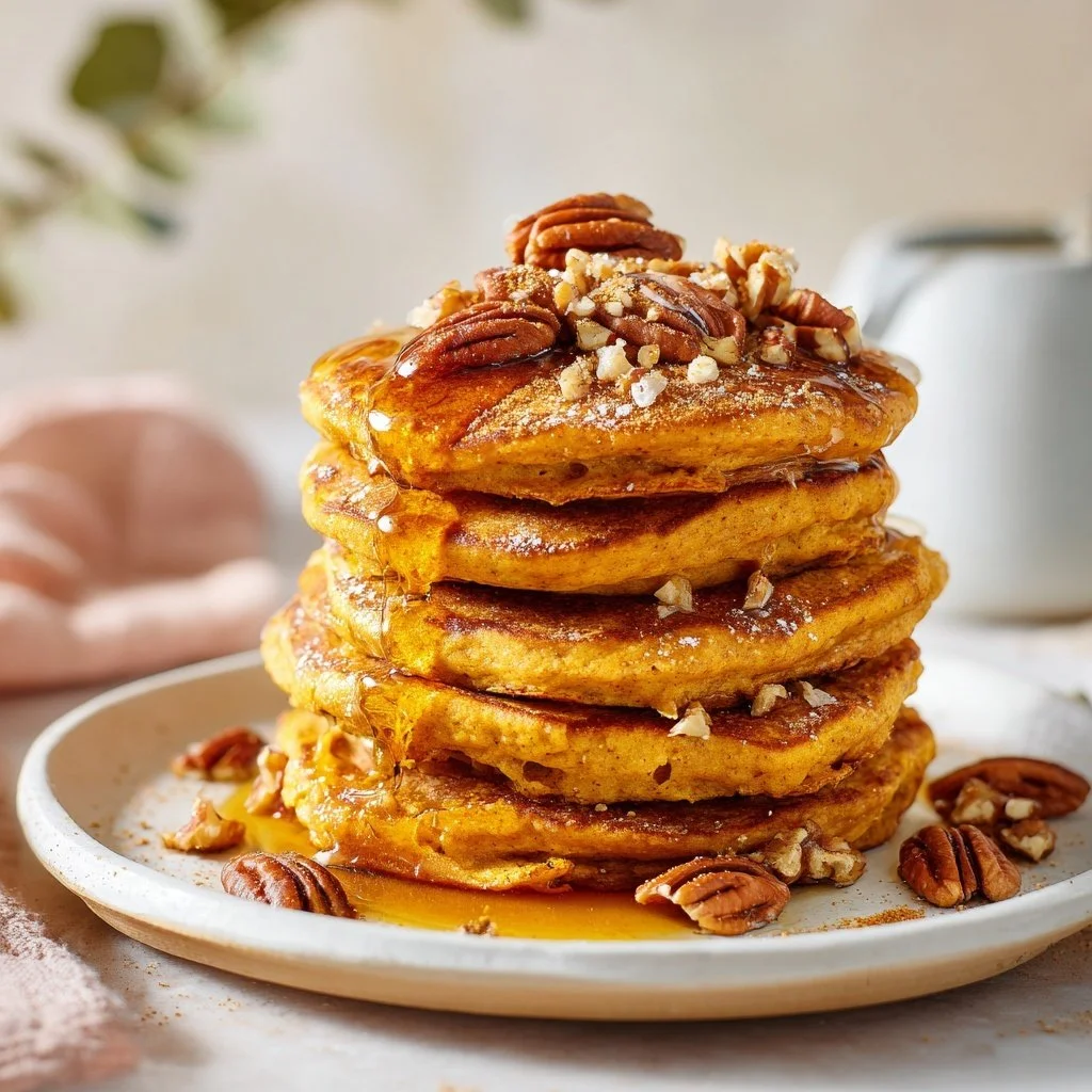 Fluffy vegan and gluten-free pumpkin pancakes topped with maple syrup and pumpkin seeds.