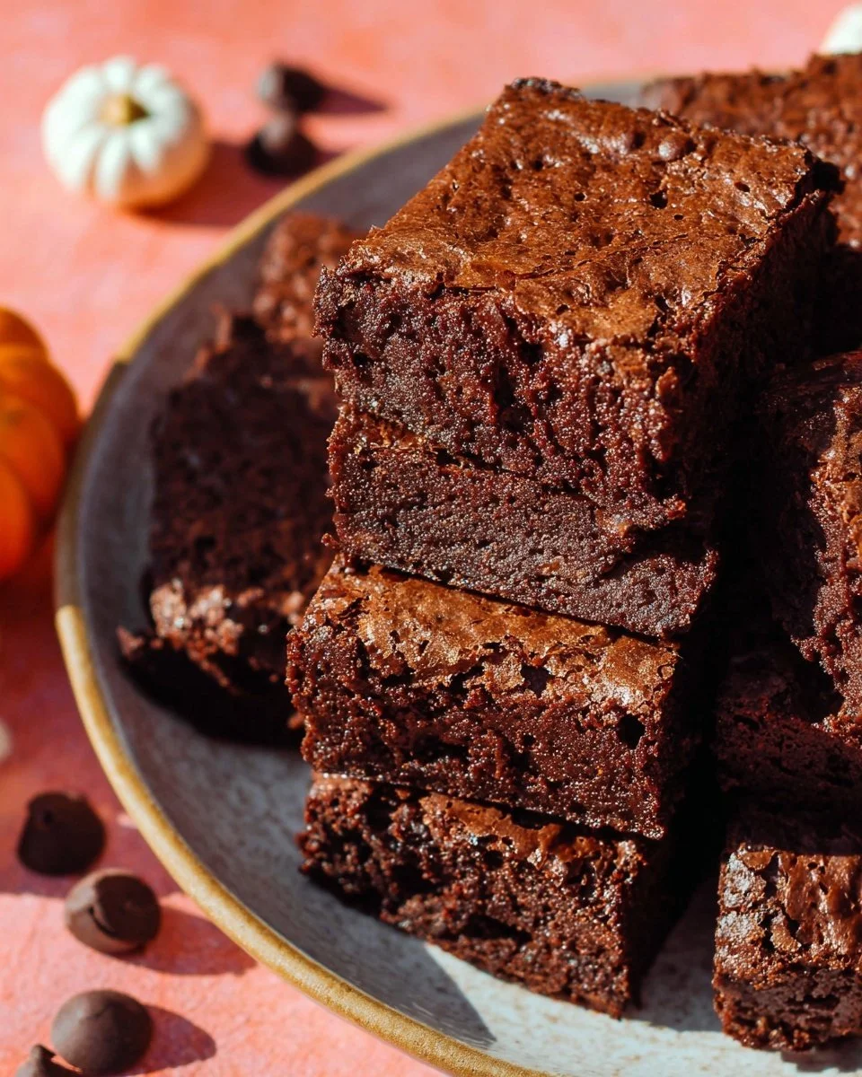 Fudgy pumpkin brownies topped with chocolate drizzle on a rustic table