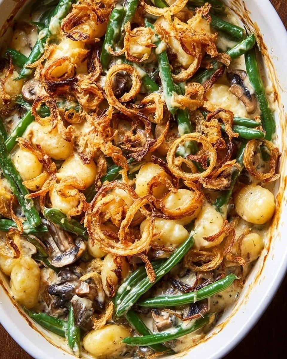 Gnocchi Green Bean Casserole topped with cheese and crispy onions