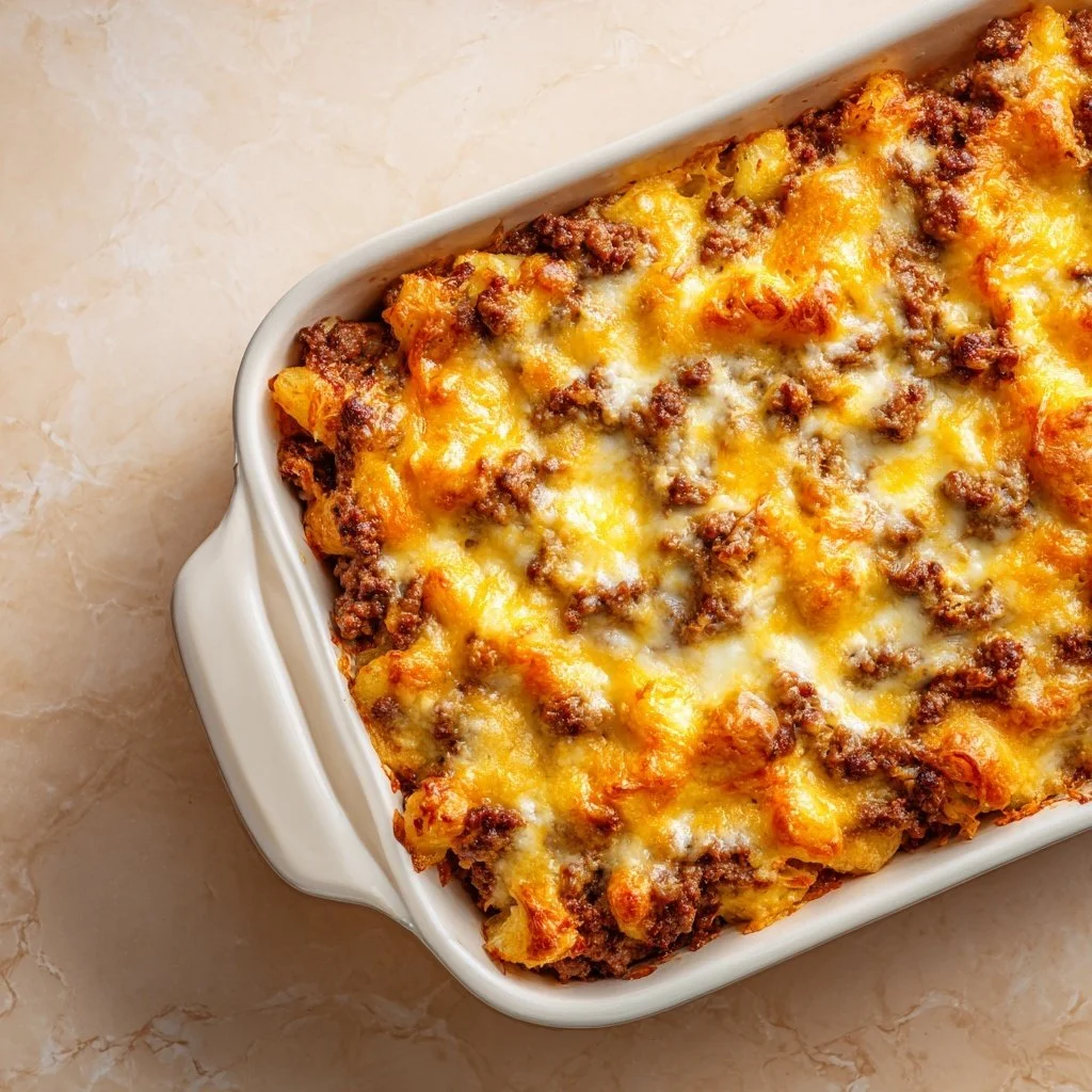 Delicious Grandma's Ground Beef Casserole topped with cheese and baked to perfection
