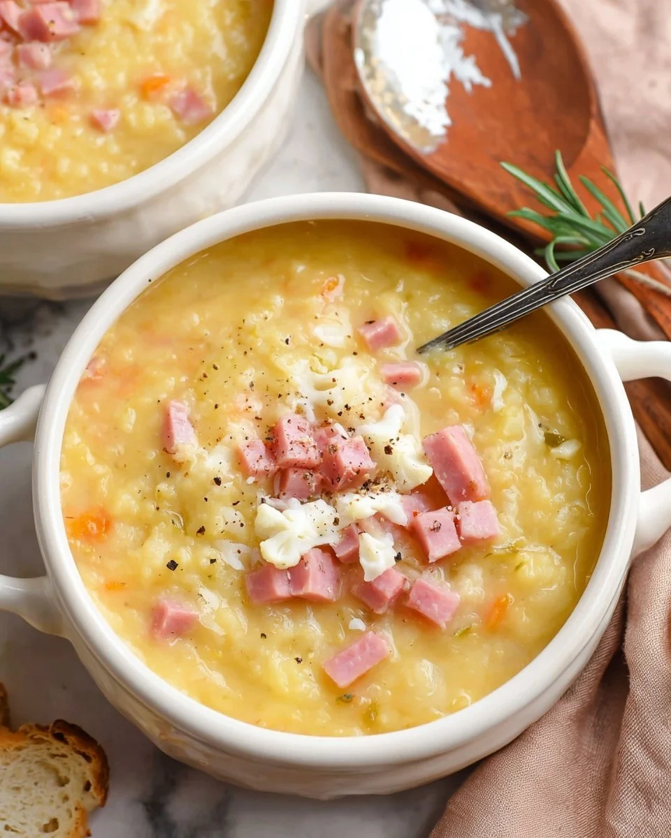 Creamy Ham and Cheese Cauliflower Soup served in a bowl with bread