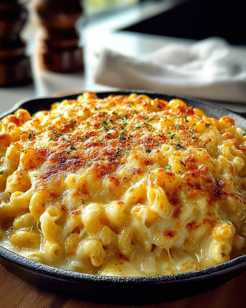 Bowl of homemade Chick-fil-A Mac and Cheese topped with cheese and herbs