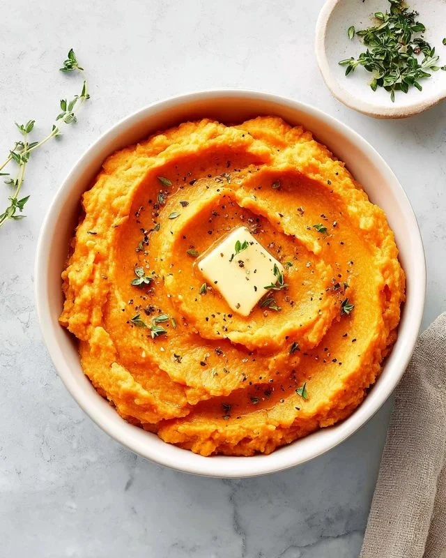 Bowl of creamy mashed sweet potatoes with butter and herbs