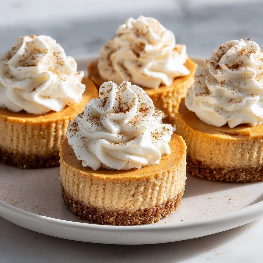 Mini pumpkin cheesecakes displayed on a plate, perfect for autumn desserts