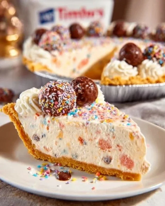 No Bake Timbit Cheesecake topped with colorful Timbit donuts.