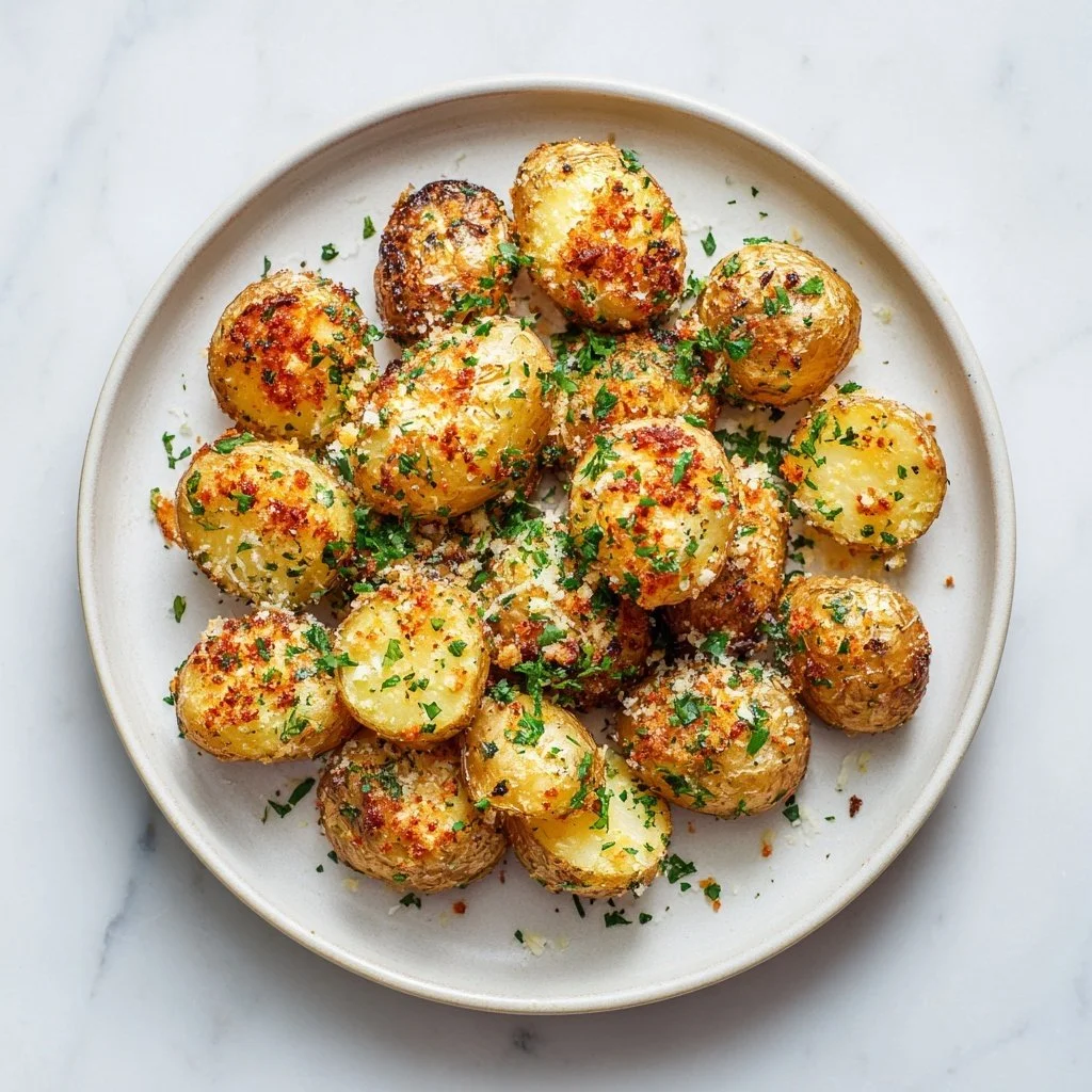 Plate of Parmesan crusted baby potatoes garnished with herbs.