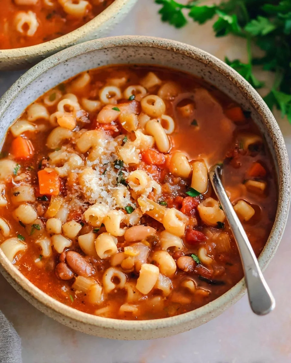 A comforting bowl of pasta bean soup, garnished with fresh herbs and vegetables.