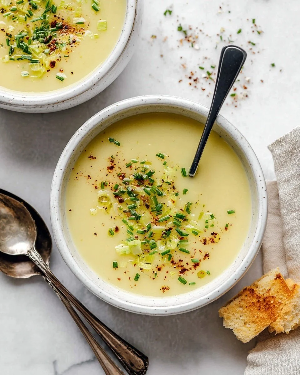 Creamy Potato Leek Soup garnished with herbs in a bowl.