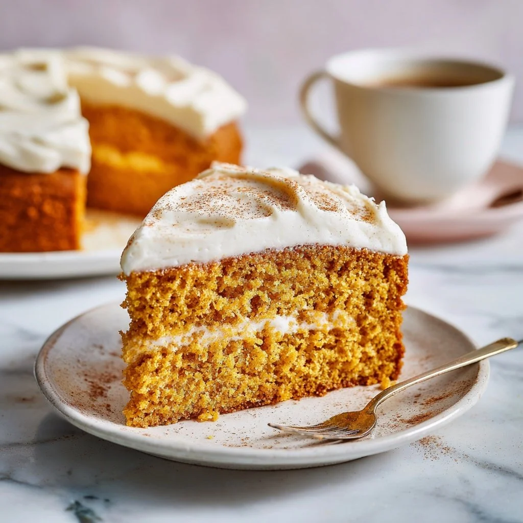 Delicious pumpkin cake with cream cheese frosting on a rustic table