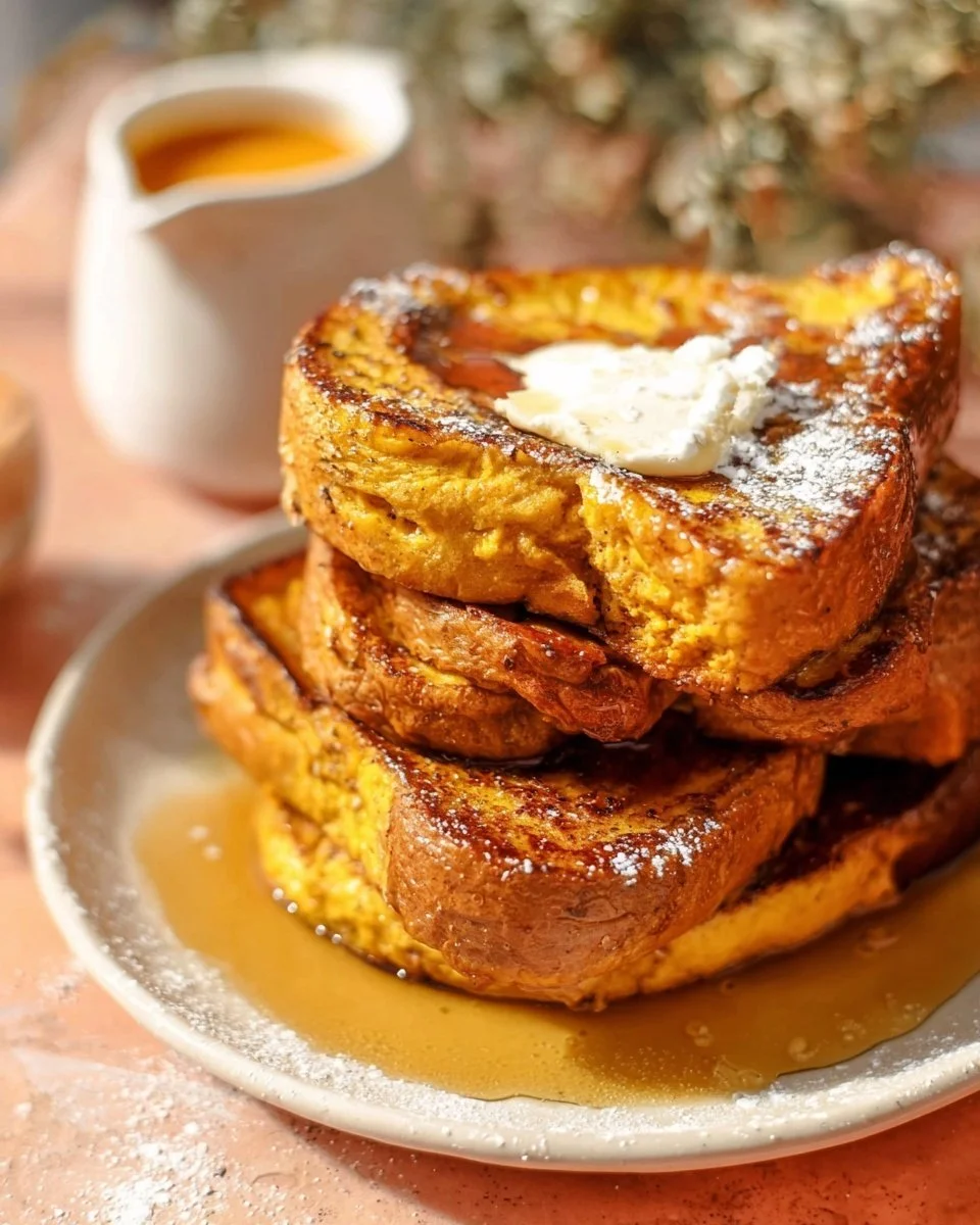 Deliciously spiced Pumpkin French Toast served with maple syrup and whipped cream.