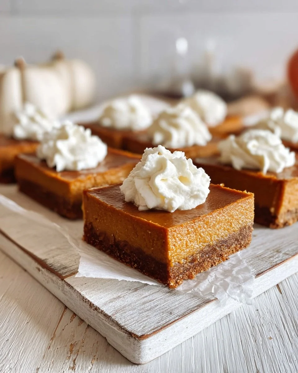 Pumpkin pie bars with a crunchy gingersnap crust atop a creamy pumpkin filling.