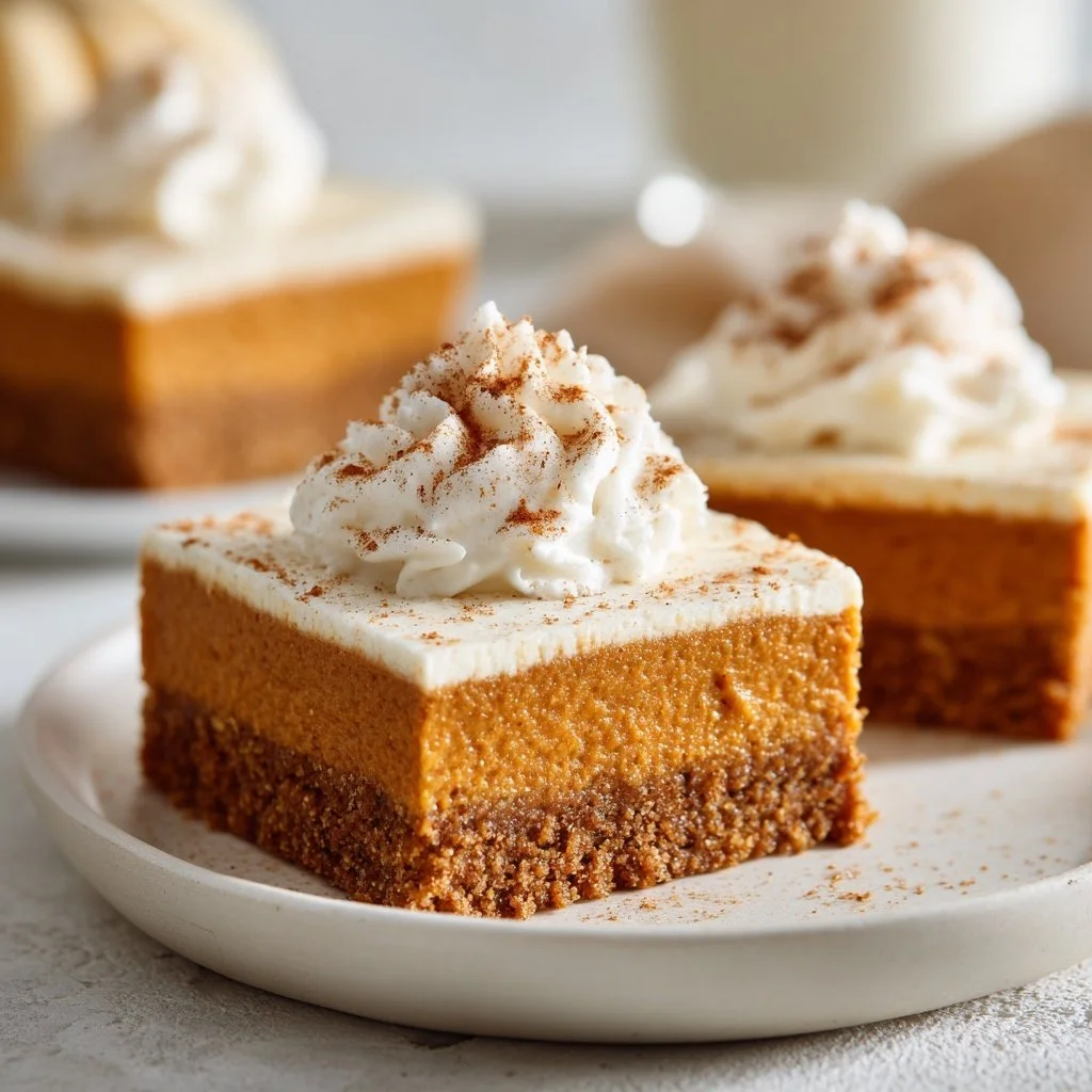 Pumpkin pie bars with a crunchy gingersnap crust served on a plate.