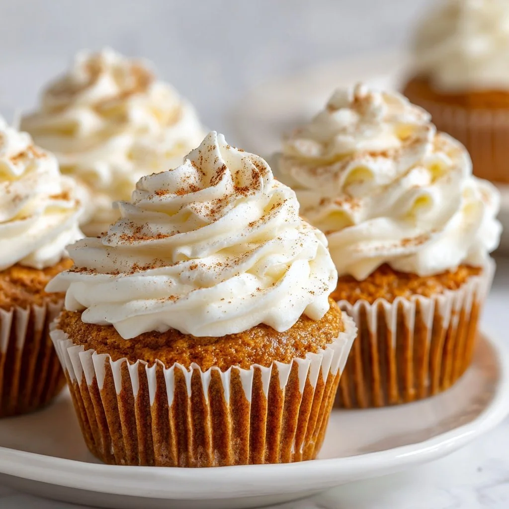Delicious Pumpkin Pie Cupcakes topped with cream and spices.