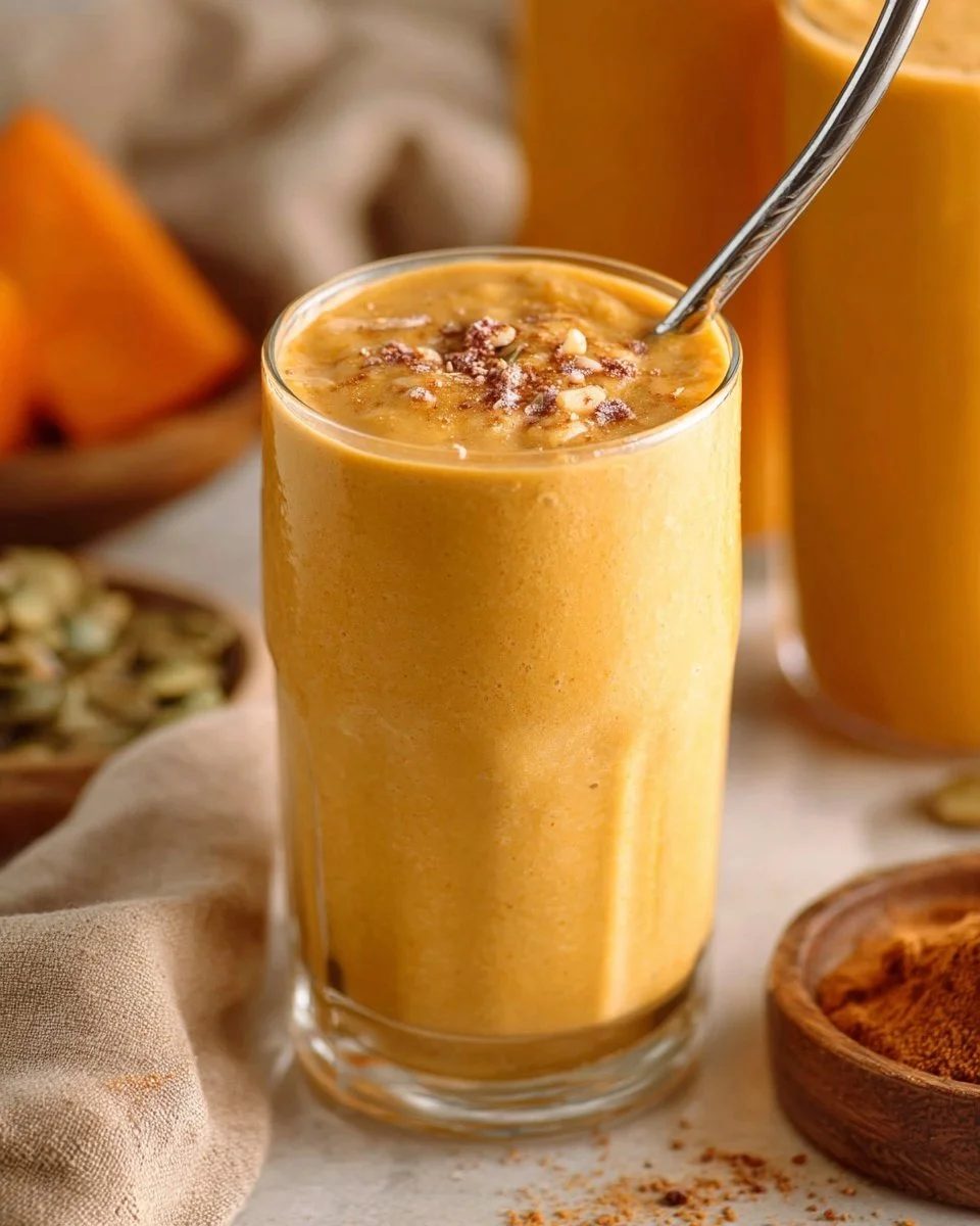 Delicious pumpkin pie smoothie served in a glass with cinnamon and nutmeg