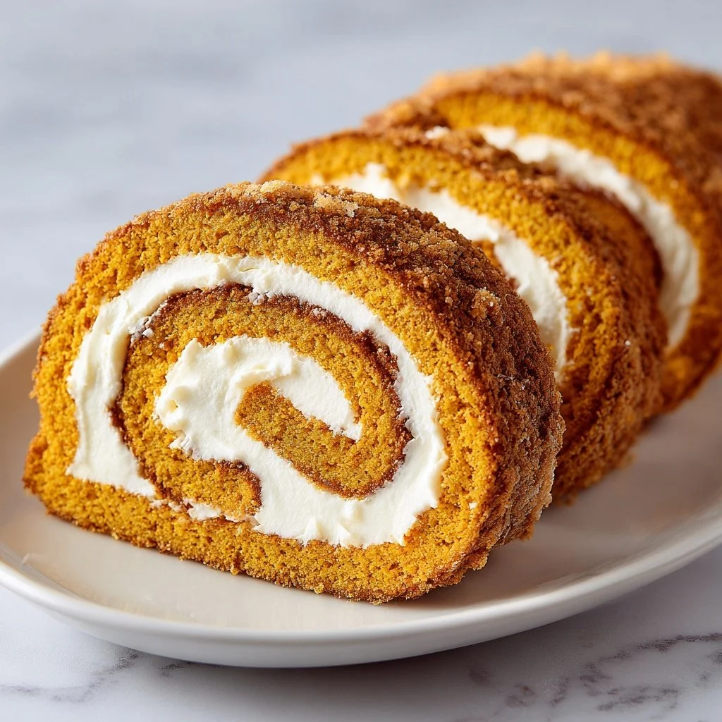 Homemade pumpkin roll with cream cheese filling served on a plate